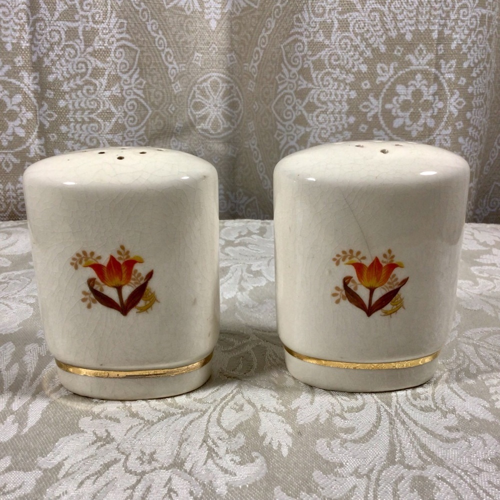 Vintage Ceramic Orange Flower Gold Gilt Salt and Pepper Shakers
